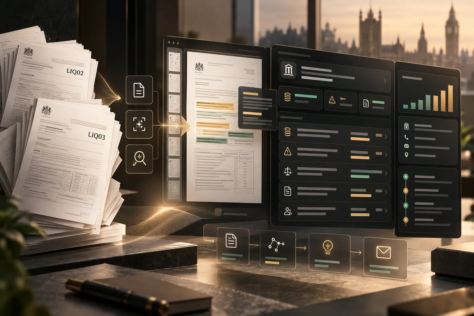 Illustration of LIQ02 and LIQ03 paper reports flowing into structured AI intelligence and a casework dashboard